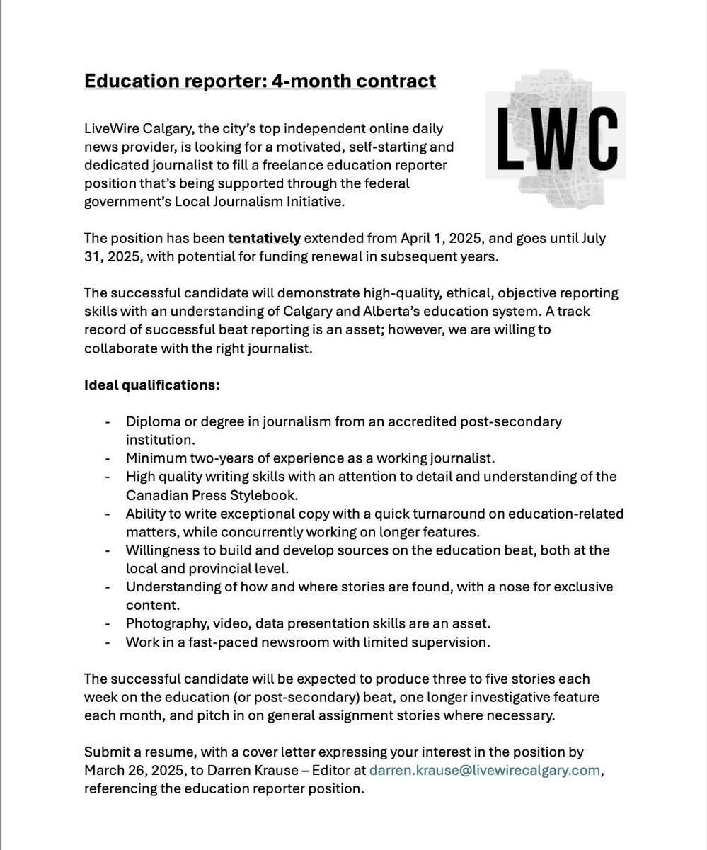 With our former colleague Paula Tran moving to Ottawa to continue her journalism career, there's an opening with LWC as the LJI grant for an education reporter has been tentatively extended to July 31, 2025 (maybe beyond that!)

See the job posting attached.