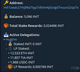 s0urled's tweet photo. We have developed an on-chain Telegram bot that allows you to easily track your Initia wallet and staking activities:

Add multiple Initia wallets and view balances, stake rewards, and delegations in a single message.

Track your INIT staking and LP token stakes (USDC-INIT, ETH-INIT, TIA-INIT) in real time.

Get alerts for unstake transactions, validator commission changes, validator status updates (jail/inactive), and new governance proposals.

We’d love to hear your ideas! If you have a feature suggestion, please reply.
