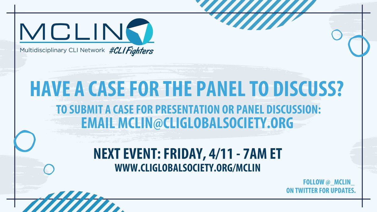 CLI Global Society (@cli_global) on Twitter photo To submit a case for the next <a href="/_MCLIN_/">Multidisciplinary CLI Network - CLI Global Society</a> presentation or panel discussion, email MCLIN@cliglobalsociety.org & include de-identified HIPAA compliant patient history, images, and procedure information on 5-10 blank (white) PowerPoint slides.
Learn more: ow.ly/HSAf50VmieA To submit a case for the next <a href="/_MCLIN_/">Multidisciplinary CLI Network - CLI Global Society</a> presentation or panel discussion, email MCLIN@cliglobalsociety.org & include de-identified HIPAA compliant patient history, images, and procedure information on 5-10 blank (white) PowerPoint slides.
Learn more: ow.ly/HSAf50VmieA