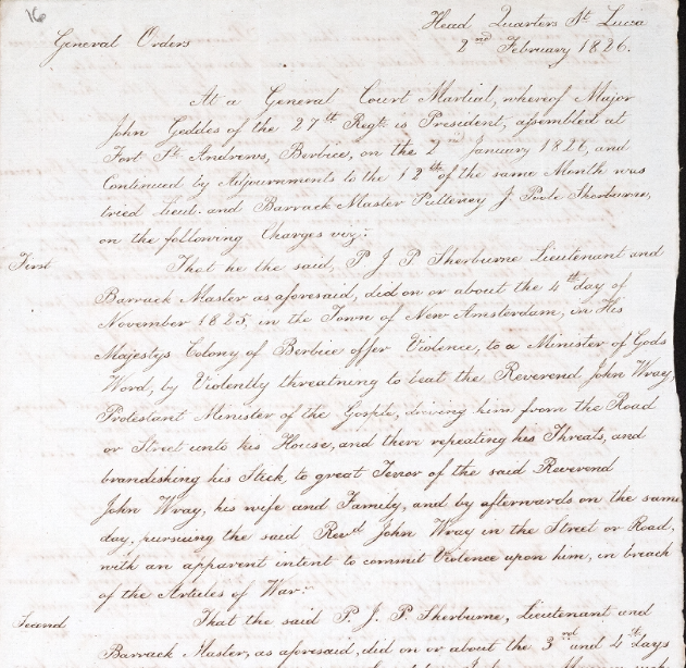 Charges and sentence of court martial against lieutenant P.J.P. Sherburne, 2 February 1826, St Lucia. Sherburne was accused of threatening a church minister with a stick #EYAJustice ow.ly/yqfq50VePhV