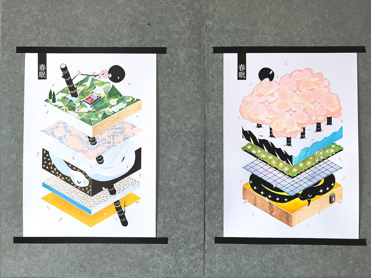 またアナログ絵を描いてみました！
今回は「春の眠り」をイメージした２対の絵になります🌸

こちらは3/26よりフランス・パリの<a href="/GalleryJoYana/">Gallery Jo Yana</a>にて展示販売されます。

I created another analog (traditional) artwork!
This time, it's a pair of paintings inspired by the theme of "Spring