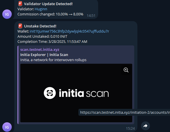 s0urled's tweet photo. We have developed an on-chain Telegram bot that allows you to easily track your Initia wallet and staking activities:

Add multiple Initia wallets and view balances, stake rewards, and delegations in a single message.

Track your INIT staking and LP token stakes (USDC-INIT, ETH-INIT, TIA-INIT) in real time.

Get alerts for unstake transactions, validator commission changes, validator status updates (jail/inactive), and new governance proposals.

We’d love to hear your ideas! If you have a feature suggestion, please reply.