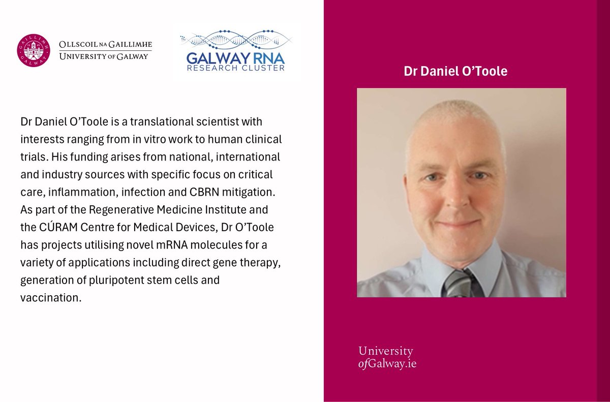 GalwayRNA's tweet image. Meet the Researcher: Dr Daniel O’Toole, a Senior Lecturer in Lung Regenerative Medicine
#GalwayRNAResearchCluster #mRNA #genetherapy #stemcells