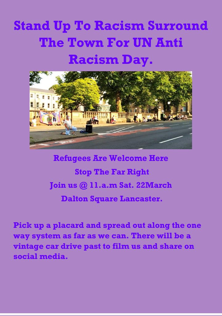 Join us in Lancaster for UN Anti-Racism Day! Stand against racism and support refugees.
No registration required! Just show up  

📍 Dalton Square Lancaster
📅 March 22 | Saturday
⏰ 11 a.m