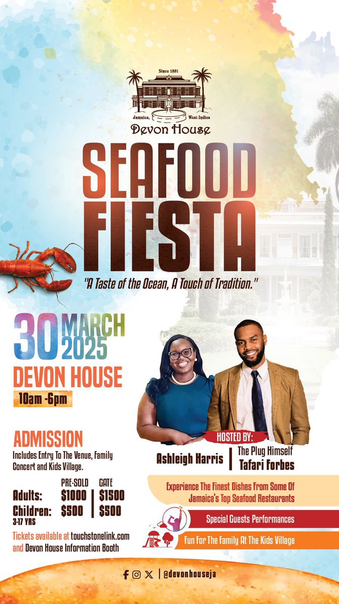 Get ready to turn up with your hosts Ashleigh Harris &amp; The Plug Himself,Tafari Forbes at the Devon House Seafood Fiesta! 🎤🎉

Mark your calendars for March 30, 2025 🦞🍹🎶 because we’re serving up mouthwatering seafood, epic entertainment, and nonstop vibes! 🌊💃🏾