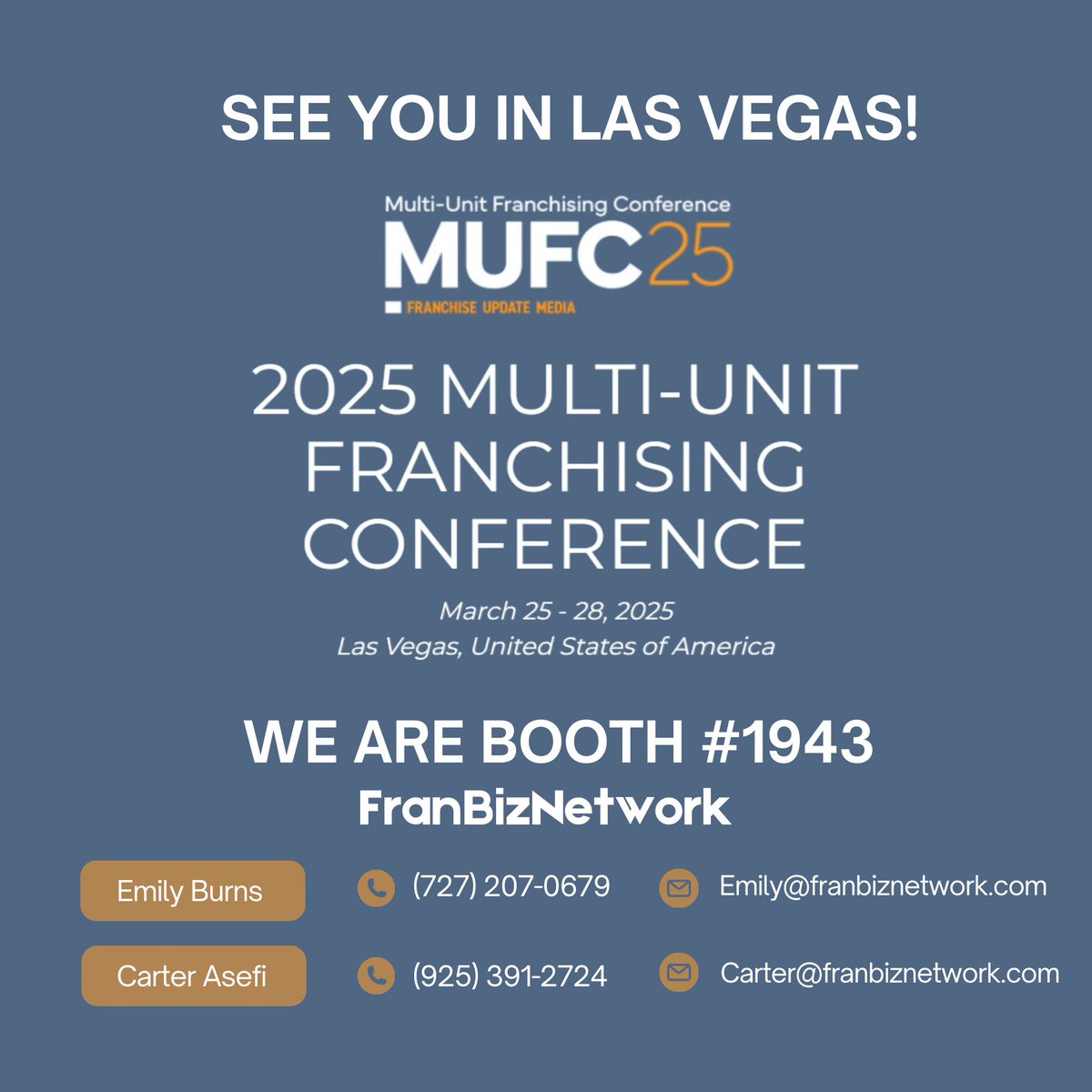 FBN_88's tweet photo. See you next week in Las Vegas for the Multi-Unit Franchising Convention! Stop by our booth and say hello! 🔥🎉 #MUFC2024 #FranchiseGrowth #LasVegasBound https://t.co/AvMEej5rTR