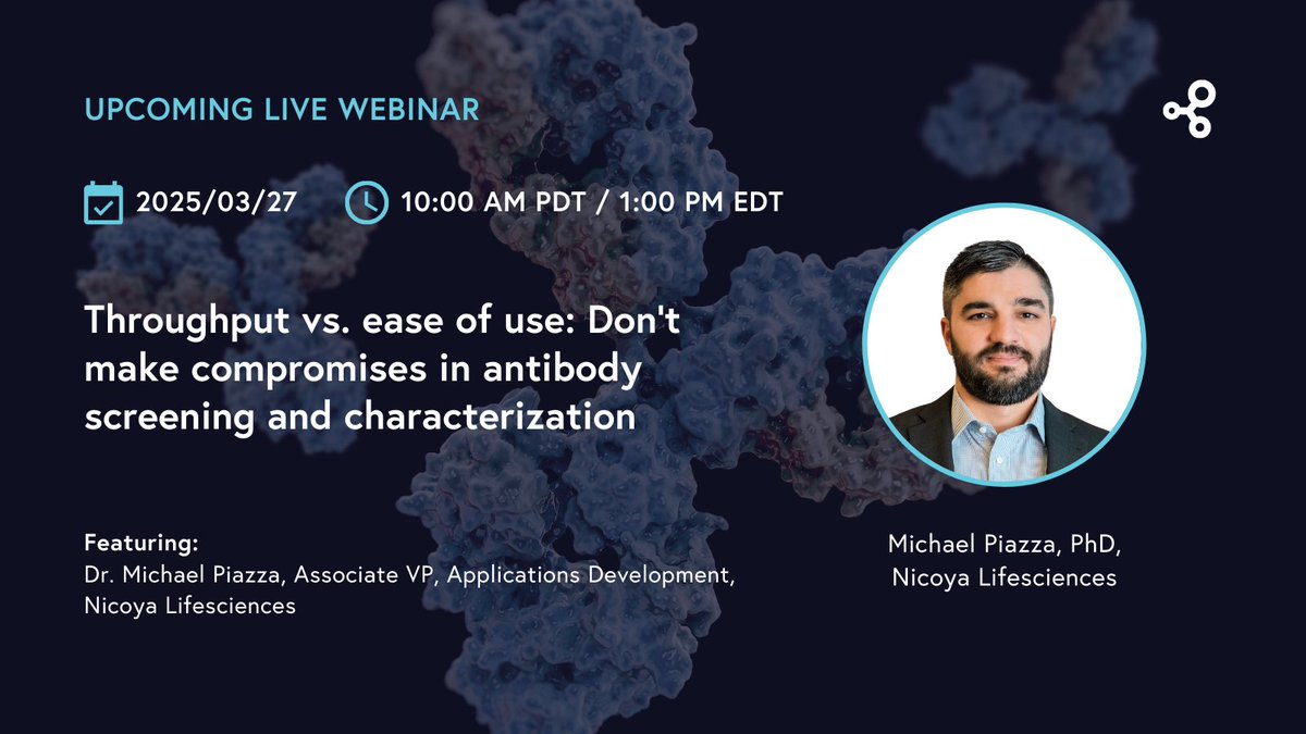 Nicoya_Life's tweet photo. Join us on March 27th for our #webinar, “Throughput vs. ease of use: Don't make compromises in #antibody screening and characterization,” with Dr. Michael Piazza, Associate VP of Applications Development.

Register now 👉 https://t.co/vZ2stlMtVO https://t.co/wLkTB13pa2