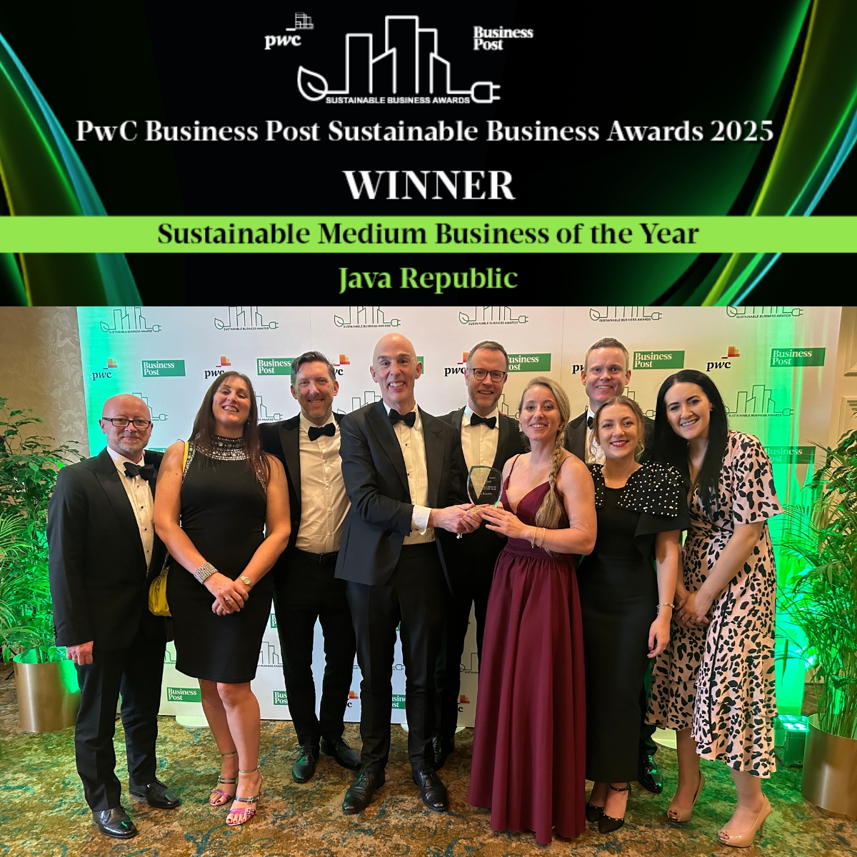 JavaRepublic's tweet image. 🏆 WINNER: Sustainable Medium Business of the Year!
What an incredible honour to win this award at this year’s @PwCIreland @businessposthq #SustainableBusinessAwards.