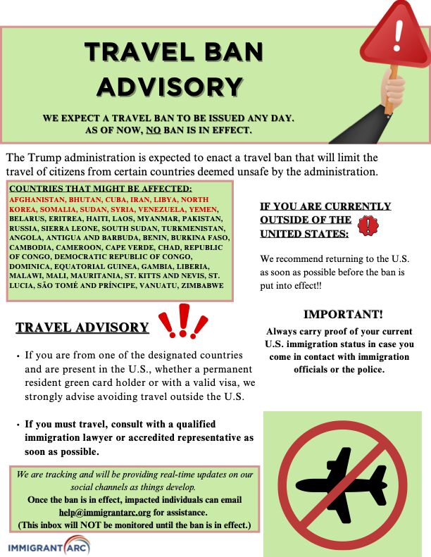 🚨 UPDATED TRAVEL BAN ALERT 🚨

As a reminder: a travel ban could be issued soon, restricting travel for citizens from multiple countries. If you are from a potentially impacted country, DO NOT travel outside the U.S.

#TravelBan #ImmigrantRights  #ImmigrationLaw  #ImmigrantARC