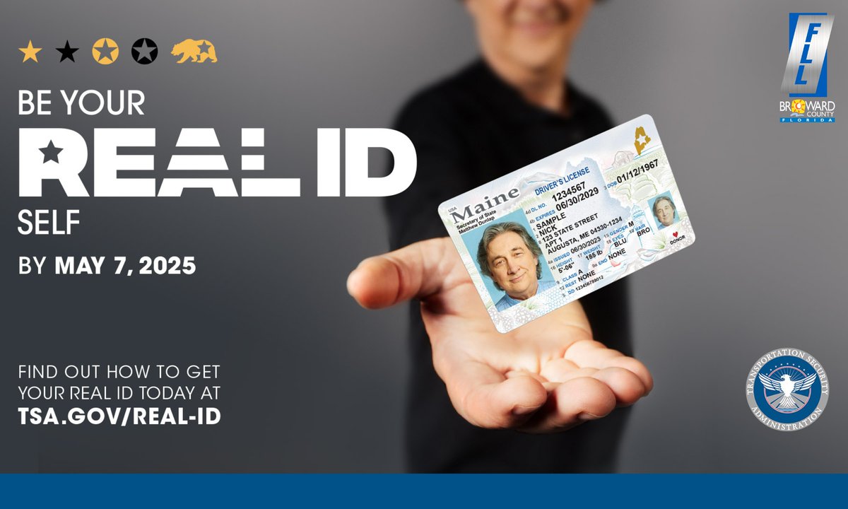 FLLFlyer's tweet photo. Time for a #REALID check: the deadline to be #REALIDready is May 7, 2025. Upgrade yourself to a REAL ID today. Visit https://t.co/ALAJBF2Ljv to find out how. #REALIDself #Check4theStar https://t.co/mYAz2mGo7v