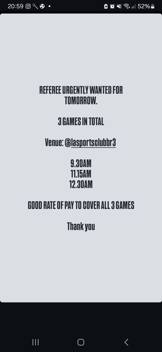 David Gill (@davey_g85) on Twitter photo Looking for a referee to take all 3 grassroots games tomorrow in Beckenham. <a href="/SASACADEMY1/">SAS Academy</a>
Please drop us a message or share to anyone who maybe able to help.
Thank you ⚽️ Looking for a referee to take all 3 grassroots games tomorrow in Beckenham. <a href="/SASACADEMY1/">SAS Academy</a>
Please drop us a message or share to anyone who maybe able to help.
Thank you ⚽️