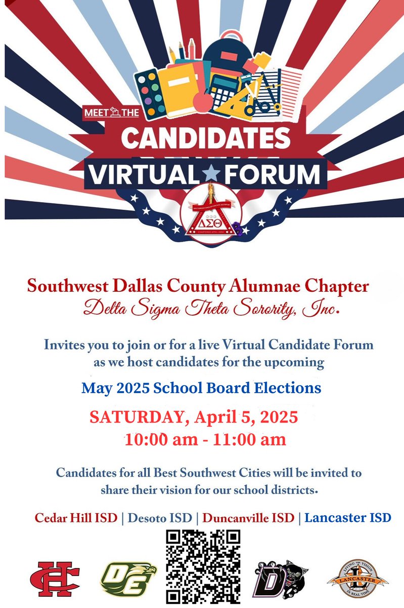 Meet the Candidates Virtual Forum. 
Cedar Hill ISD 
Duncanville ISD 
Lancaster ISD

April 5, 2025 

10:00 am to 11:00 am 

Zoom link: bit.ly/4ikpunK

#EveryElectionMatters 
#PowerInYourVote
#PowerInYourVoice