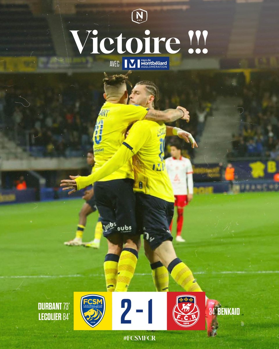 🏁 𝐕𝐈𝐂𝐓𝐎𝐈𝐑𝐄 𝐃𝐔 𝐅𝐂𝐒𝐌 !!!

ENFIN ! Après quatre mois jour pour jour sans victoire, le FCSM renoue avec le succès à domicile, devant un public sochalien qui répond toujours présent. Qu’est-ce qu’elle fait du bien, celle-là ! 😍

2⃣-1⃣ #FCSMFCR