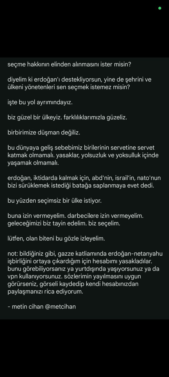 Metin Cihan dan mesaj var