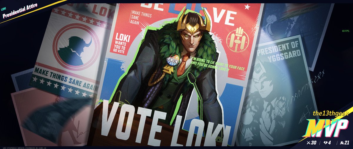 This is my favourite skin/MVP so far. 😎

#Loki #MarvelRivals #PresidentLoki #MakeThingsSaneAgain