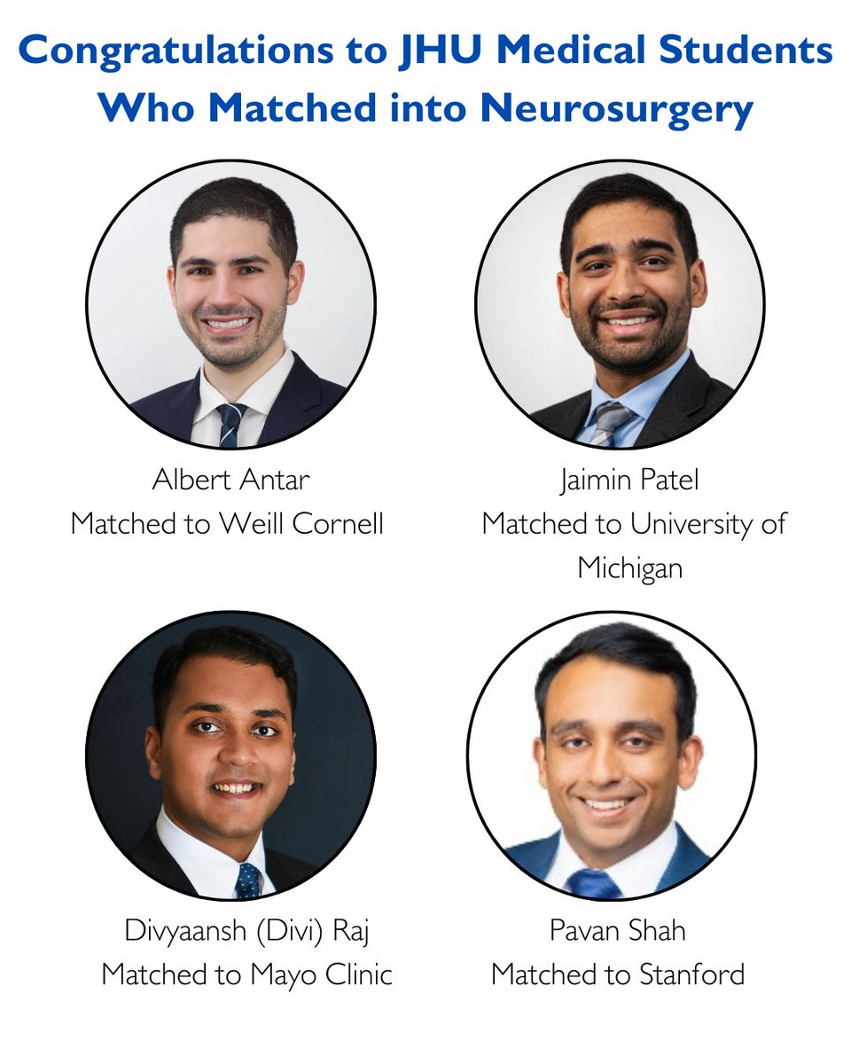 Johns Hopkins Neurosurgery (@hopkinsnsurg) on Twitter photo Shout out to <a href="/JohnsHopkins/">Johns Hopkins University</a> School of Medicine students who matched in neurosurgery programs elsewhere! Congrats! #Match2025 Shout out to <a href="/JohnsHopkins/">Johns Hopkins University</a> School of Medicine students who matched in neurosurgery programs elsewhere! Congrats! #Match2025