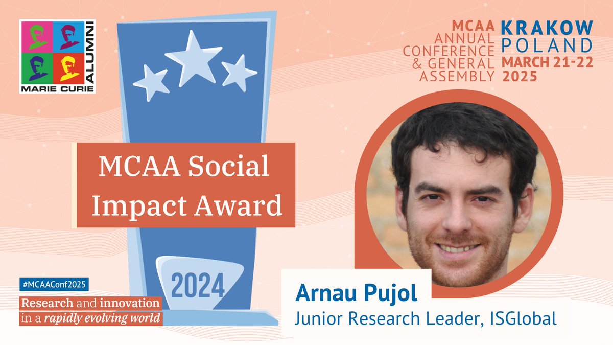 <a href="/sergioman90/">Sergio Manrique</a> <a href="/EnvAshwani/">Ashwani Kumar Tiwari</a> <a href="/nokia/">Nokia</a> The MCAA Social Impact Award goes to a member whose activity has a significant social impact. The receiver of the 2024 edition is… 

Arnau Pujol (<a href="/ISGLOBALorg/">ISGlobal</a>)! 🏆

#MCAAConf2025