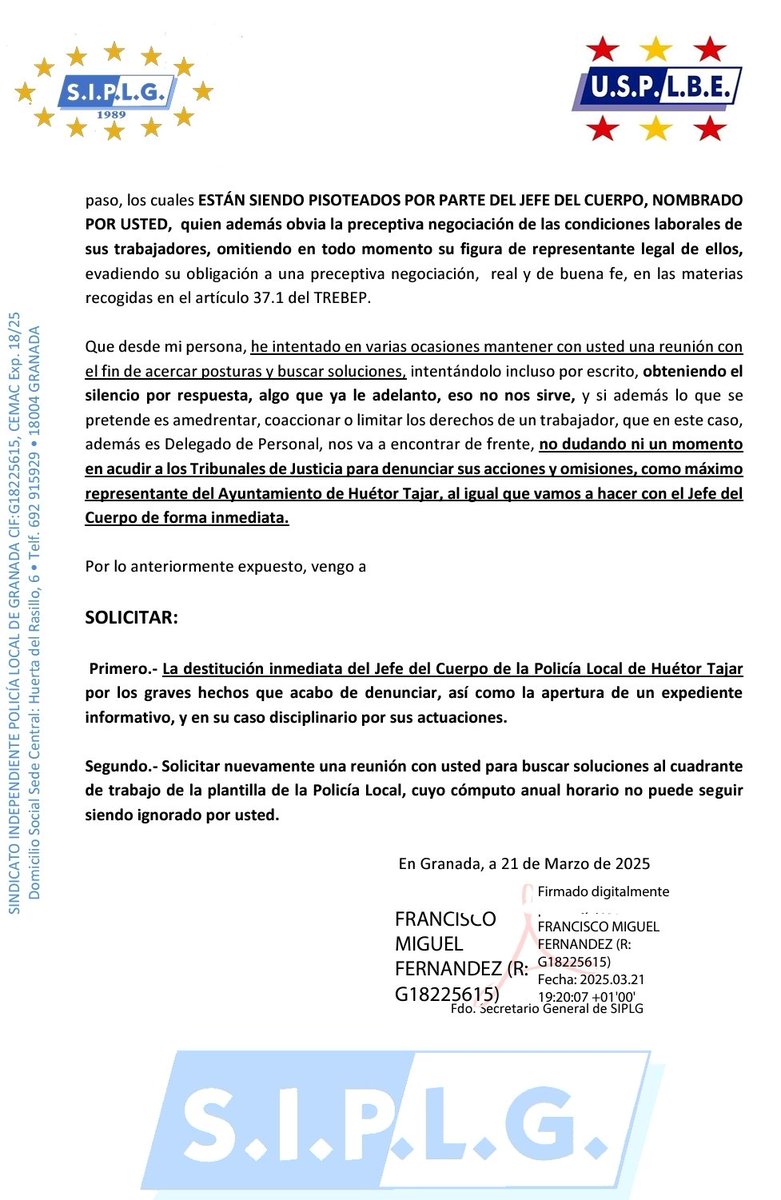 SIPLG (@siplg) on Twitter photo Jefe de la ๐ฎโโ๏ธdel <a href="/AytoHuetorTajar/">Ayto de Huรฉtor Tรกjar</a> sin orden judicial, ni circunstancias que lo justifiquen, registre un armero a un ๐ฎโโ๏ธ, en su ausencia, sin consentimiento, le retire su arma, SIN EXPEDIENTE ADMINISTRATIVO... aparte de su destituciรณn y expte, tendrรก consecuencias judiciales... Jefe de la ๐ฎโโ๏ธdel <a href="/AytoHuetorTajar/">Ayto de Huรฉtor Tรกjar</a> sin orden judicial, ni circunstancias que lo justifiquen, registre un armero a un ๐ฎโโ๏ธ, en su ausencia, sin consentimiento, le retire su arma, SIN EXPEDIENTE ADMINISTRATIVO... aparte de su destituciรณn y expte, tendrรก consecuencias judiciales...