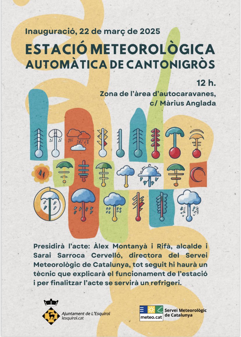 Meteocat (@meteocat) on Twitter photo 📢 Demà inaugurem l’Estació Meteorològica Automàtica de #Cantonigròs <a href="/sarai_sarroca/">Sarai Sarroca</a> <a href="/ajesquirol/">Ajuntament Esquirol</a> 📢 Demà inaugurem l’Estació Meteorològica Automàtica de #Cantonigròs <a href="/sarai_sarroca/">Sarai Sarroca</a> <a href="/ajesquirol/">Ajuntament Esquirol</a>