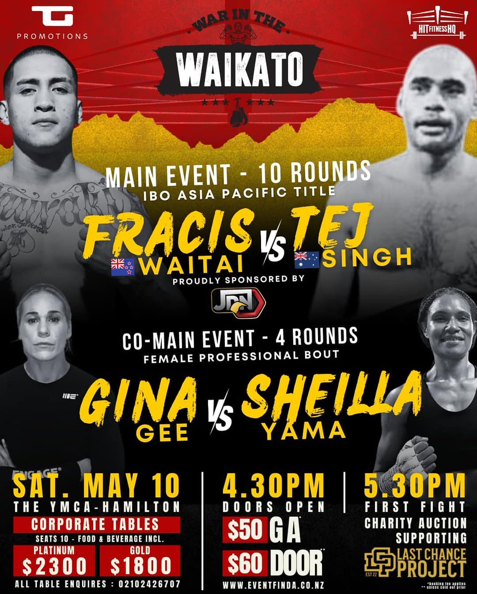 NZBoxChronicles's tweet image. &quot;WAR IN THE WAIKATO&quot; – The main event features an international showdown for the IBO Asia Pacific Title as Francis Waitai faces battle-tested veteran Tej Pratap Singh. It all goes down on Saturday, May 10th, at the YMCA Stadium, Hamilton, New Zealand.

#FrancisWaitai #TejSingh