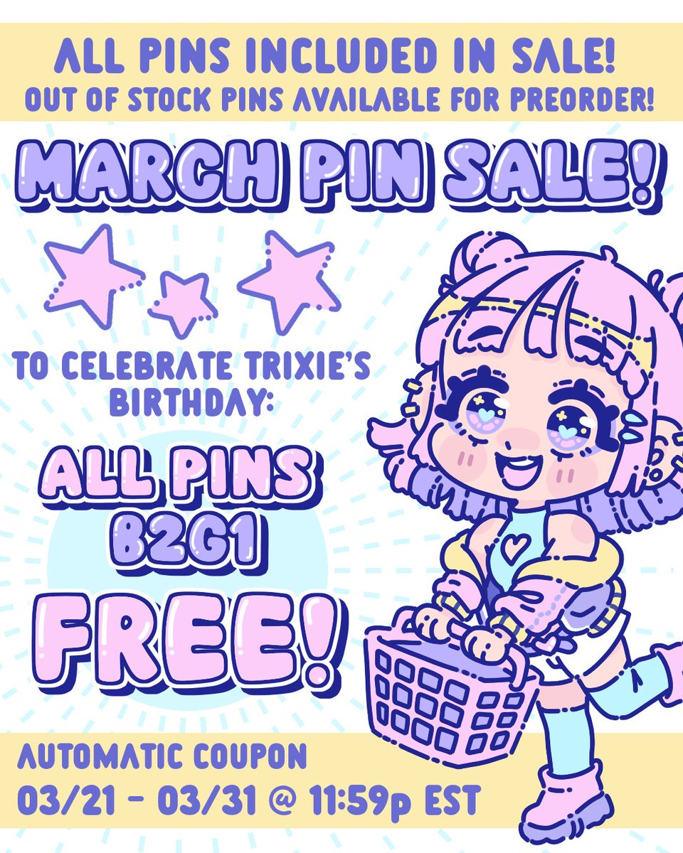 We’re celebrating Trixie’s b-day week with a sale! 
All pins on the shop BUY 2 GET 1 FREE :3c

shop.moshimelon.com/collections/en…

What are some of your fave pins from the shop? 
Share with usssss (it’ll make Trixie happyyyyy)