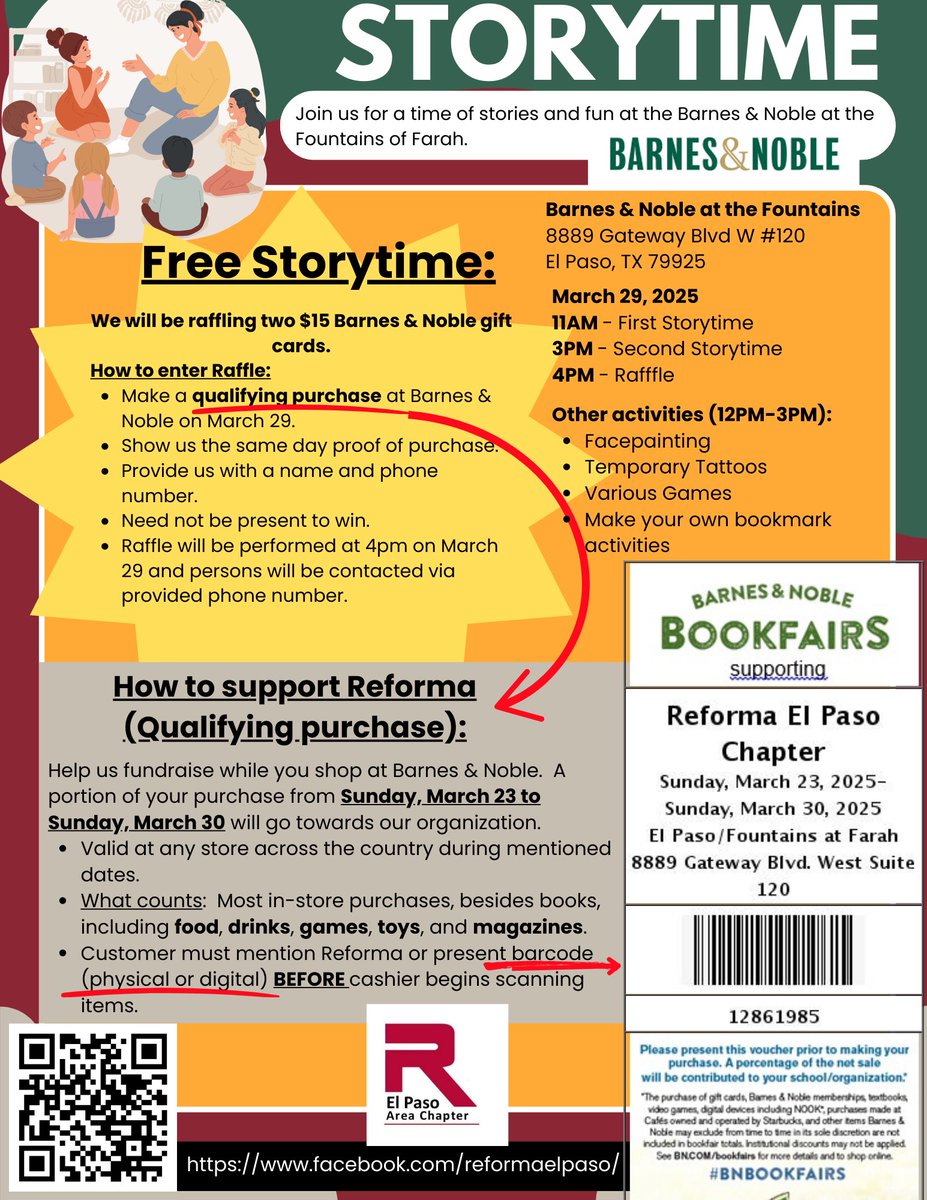 Mention the Reforma at checkout or show this barcode nationwide from 3/23 to 3/30 and support this great organization. Stop by on March 29 for fun and activities! Reforma promotes the development of Latino &amp; Spanish-language materials and programs into our communities.