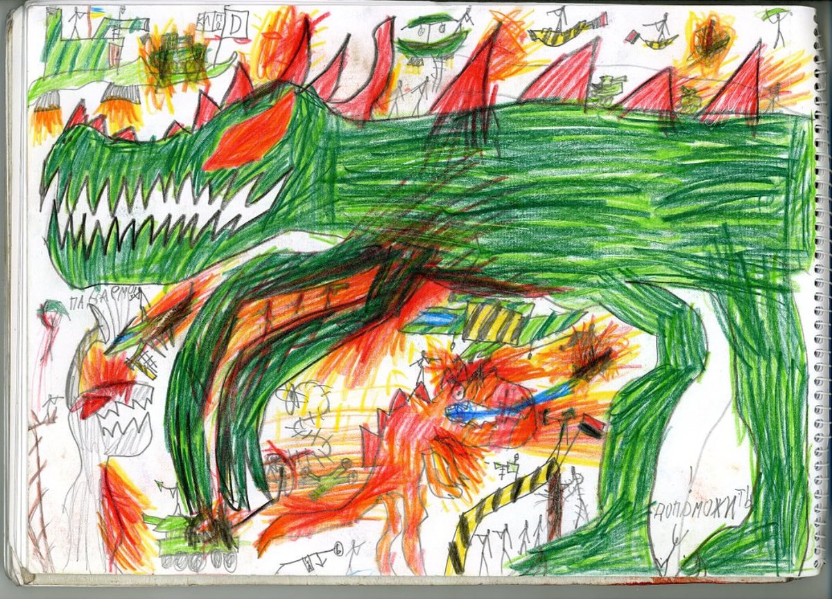reshetz's tweet photo. Drawings by one of the children abducted by Russia and returned from captivity. Ilya, 11, from Mariupol https://t.co/ZycLy33IfI