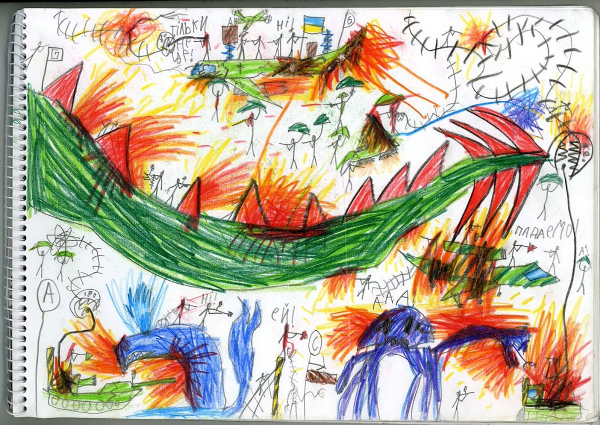 reshetz's tweet photo. Drawings by one of the children abducted by Russia and returned from captivity. Ilya, 11, from Mariupol https://t.co/ZycLy33IfI