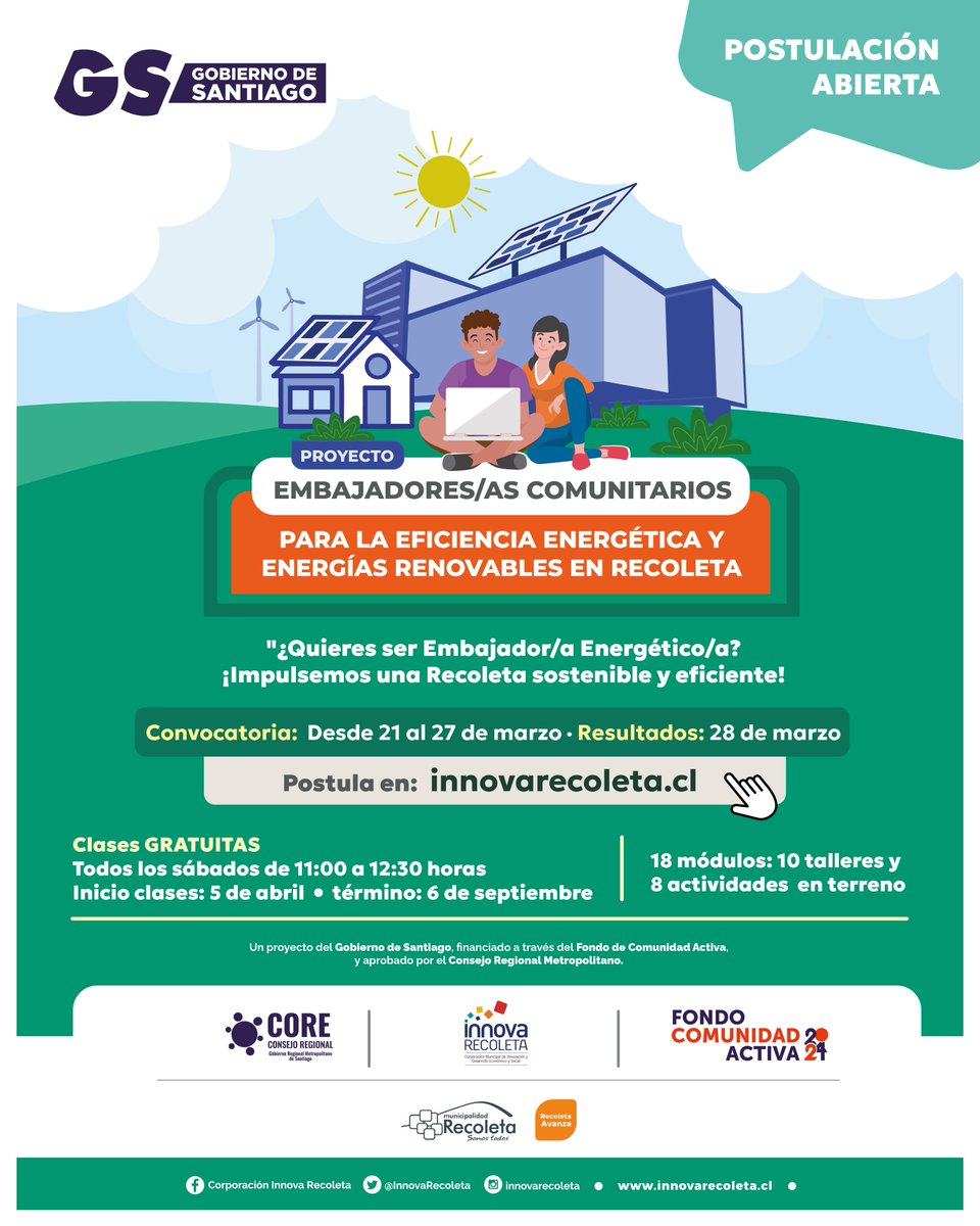 ¡Conviértete en Embajador/a Comunitario!
Postula hasta el 27 de marzo para ser parte de los talleres de formación en Eficiencia Energética y Energías Renovables. 📷📷

📷 Postulación en nuestra página innovarecoleta.cl, en RRSS en el linktree de nuestra biografia.