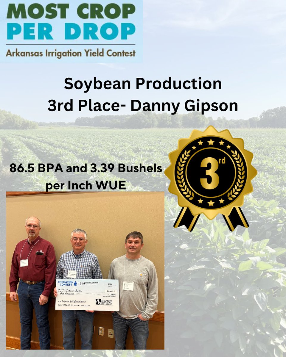 Optimizing yield with minimal water! Here are our Soybean Division winners for the 2024 Most Crop Per Drop contest! 
#soybeanproduction #arkansasirrigation