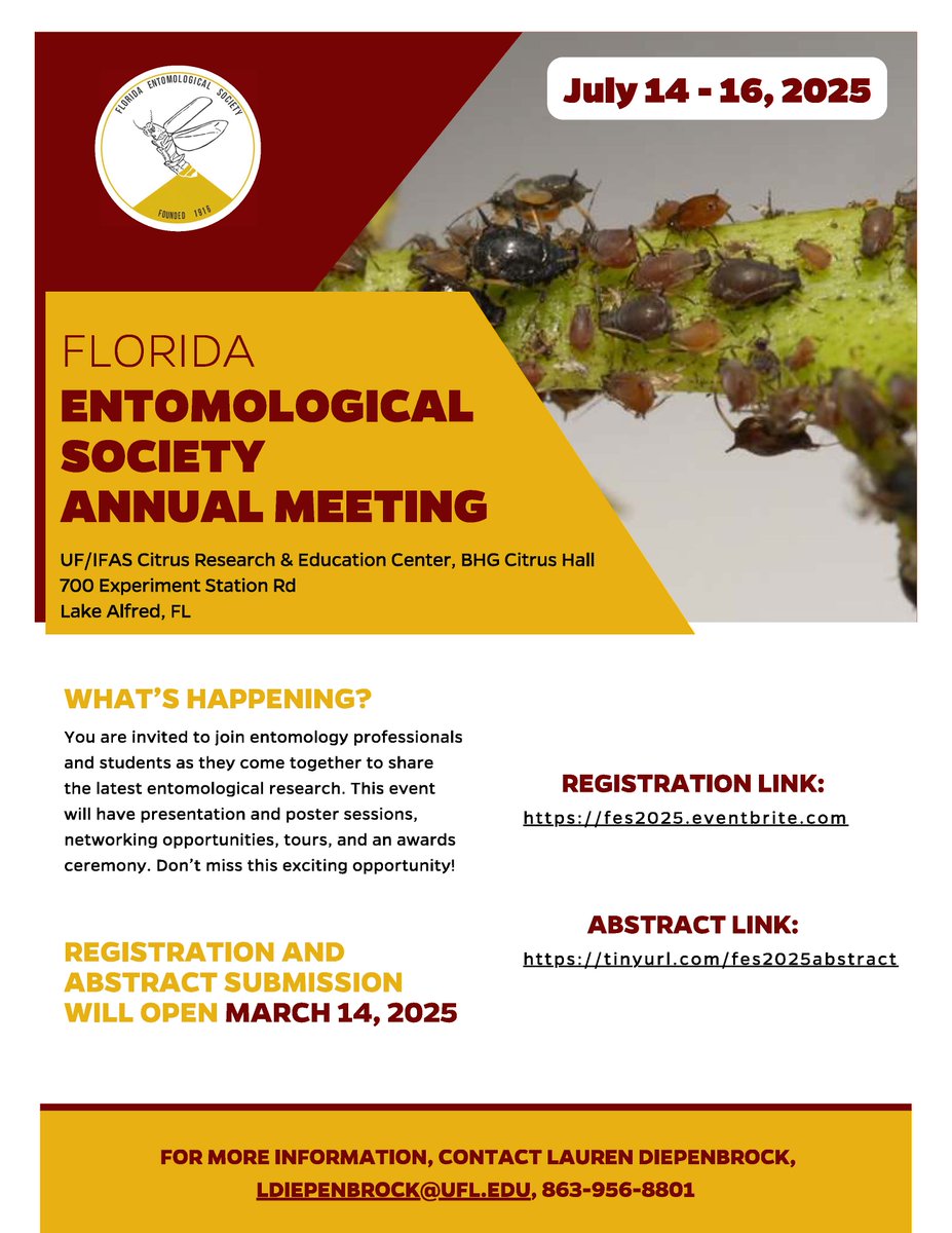 We are now accepting registration, abstracts, and symposium submissions for the next Florida Entomological Society meeting in Lake Alfred, Florida. July 14-16, 2025. 👇 
 tinyurl.com/fes2025abstract

See you there!
#entomology #scientificconference #Florida