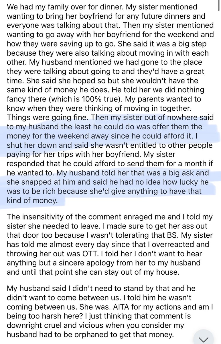 amithearsehole's tweet image. AITA for kicking my sister out of my house for telling my husband he&apos;s so lucky to be rich?