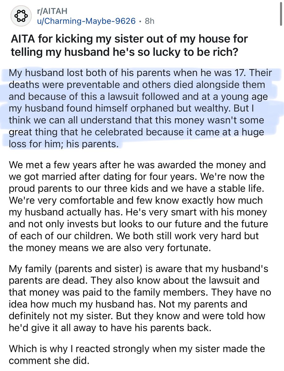 amithearsehole's tweet image. AITA for kicking my sister out of my house for telling my husband he&apos;s so lucky to be rich?