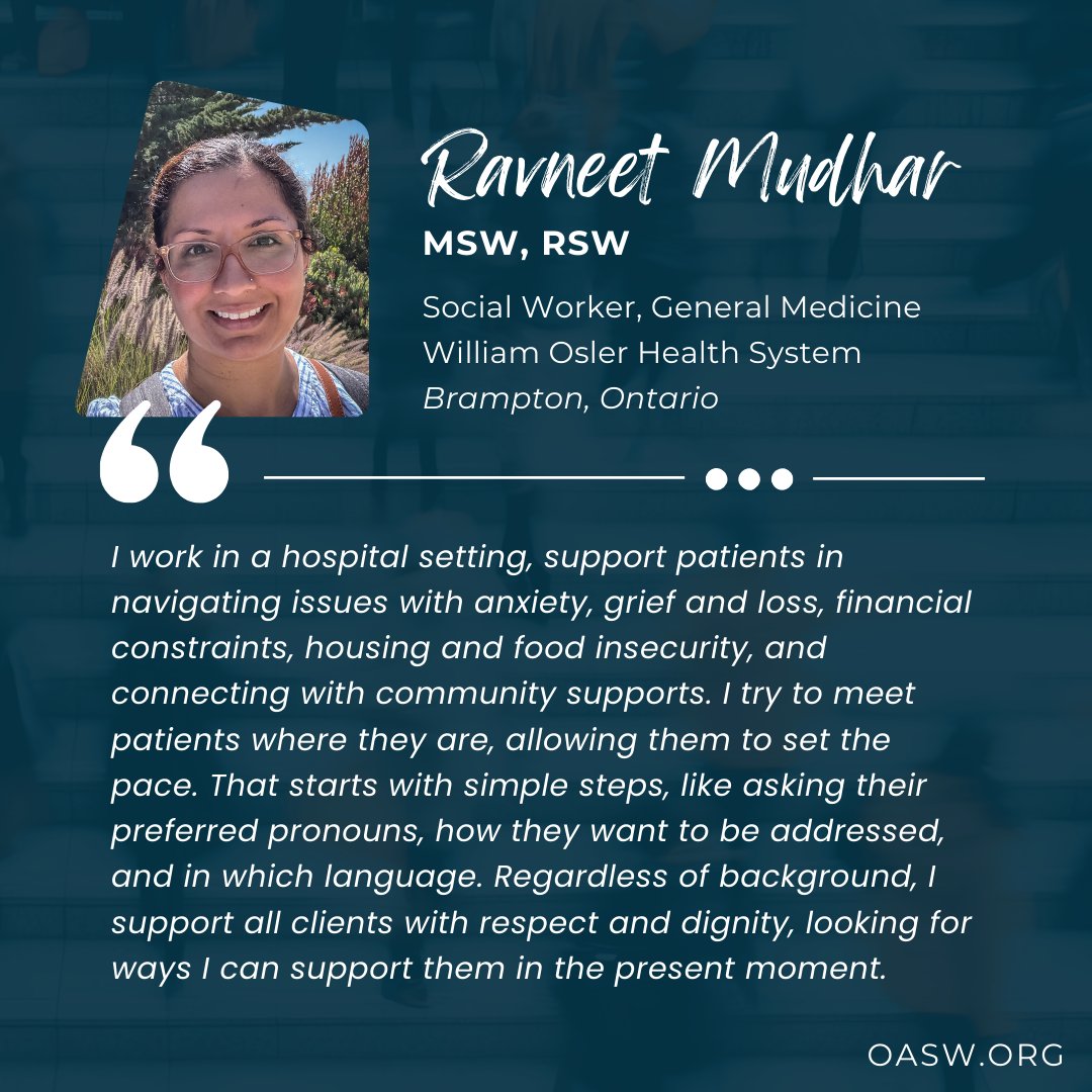 Wherever you are, #SoAreWe 🏥

Ravneet supports hospital patients at <a href="/OslerHealth/">William Osler Health System</a>, helping them navigate everything from anxiety, grief, and financial constraints, to housing and food insecurity, and connecting with community supports.

Learn more at oasw.org/SWVoices