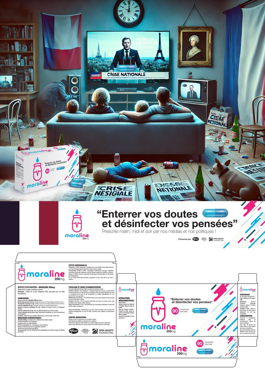 beendermedia's tweet photo. 💊 Moraline 250 mg : avalez la pilule qui désinfecte vos pensées ! Fini les doutes, place à la morale bien propre… et vide. 🧠📺 Découvrez l’affiche et le packaging, prescrits par vos médias préférés ! 😏 #Moraline #HumourNoir #PropagandeChic #CerveauPropre https://t.co/EXLAaAUebO