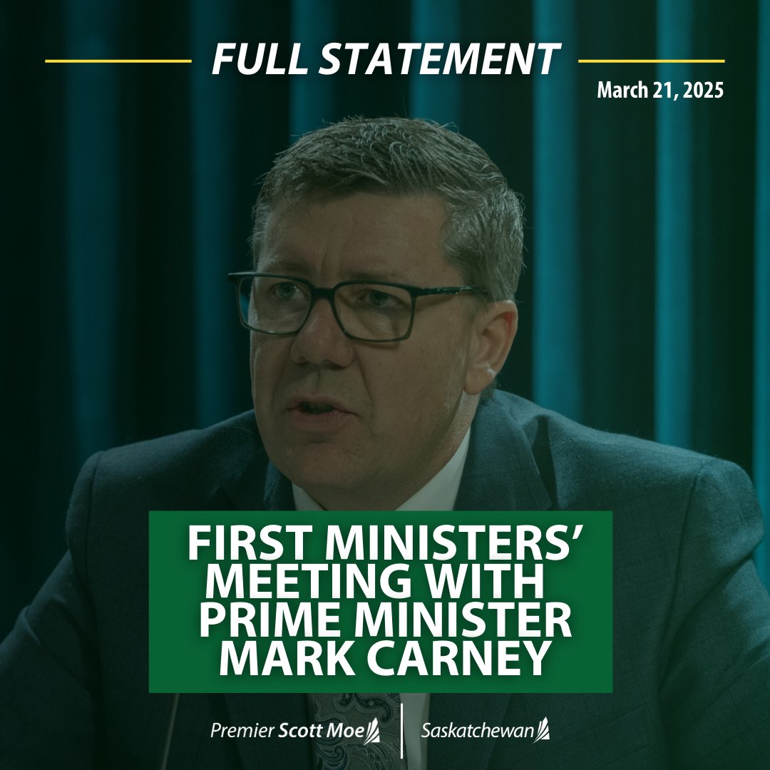 PremierScottMoe's tweet photo. Today was my first opportunity to speak with Prime Minister Carney, and probably my last opportunity to do so before a federal election is called.

On behalf the province and people of Saskatchewan, I call on the Prime Minister to commit to the following:

1. Reach out immediately to engage with President Xi Jinping to indicate Canada wants to negotiate a path to removing the tariffs on Canadian canola, peas, pork and seafood.

2. Commit to support and provide swift approval of pipeline projects to the east and west coasts as well as north/south corridors;

3. Commit to work closely with the provinces on any response to further US tariffs that may be imposed on Canada;

4. Commit to not impose export tariffs on Saskatchewan resources or any other exports;

5. Repeal of laws and regulations that impede the development of our energy and mining industries, including Bill C-69, Clean Electricity Regulations, oil and gas production cap, methane emissions cap, and commit to a timeline for any and all federal approvals;

6. Complete removal of the federal carbon tax, including the industrial carbon tax; and

7. Discontinuing the federal government’s efforts to try to collect the federal carbon tax on home heating from Saskatchewan.

A federal election is necessary soon because we have a dysfunctional Parliament and a new Prime Minister without a seat in Parliament. 

However, it is certainly not ideal that Canada will have a caretaker government at such an uncertain and unstable time in our international trade relations.

Saskatchewan will be expecting these actions to be taken regardless of who is Prime Minister following the upcoming federal election.