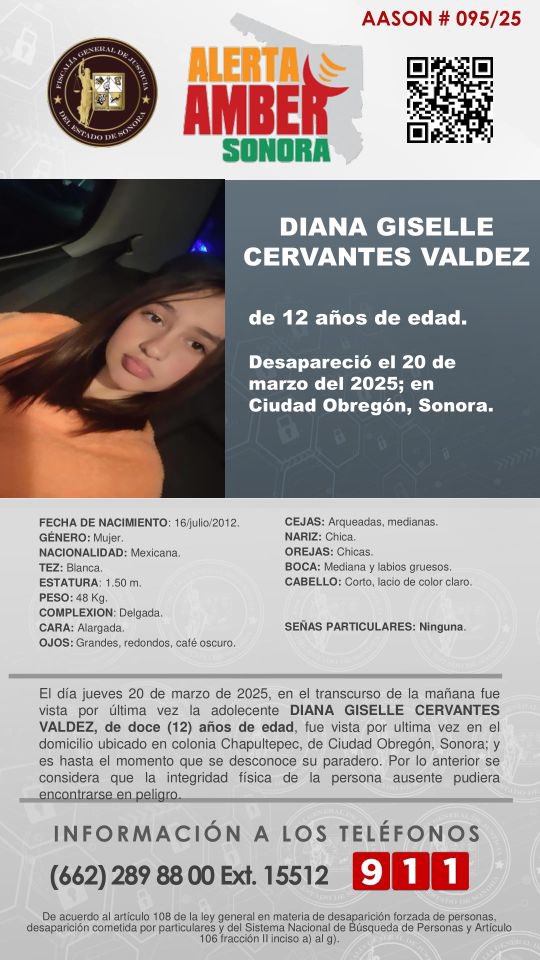 fgjesonora's tweet photo. 🚨SE ACTIVA ALERTA AMBER SONORA PARA BÚSQUEDA y LOCALIZACIÓN DE  DIANA GISELLE CERVANTES VALDEZ, de 12 años de edad; desaparecida el 20 de marzo  de 2025 en Ciudad Obregón, Sonora.🚨

✨De antemano, muchas gracias por su contribución y apoyo a su difusión📲👀🖥️🎙️📰🔊👂 https://t.co/g1RN2JgFi5