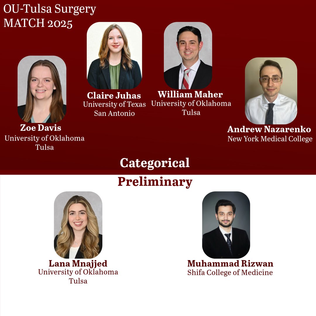 Our Match results are in!

We are delighted to introduce our new residents! Join us in welcoming them to the OU-Tulsa Surgery family.

#generalsurgery  
#Match2025  
#futuresurgeon 
#surgicaltraining