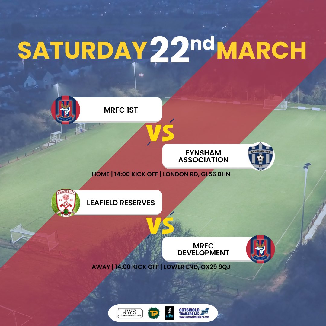 🔴 Fixtures - Saturday 22nd March 🔵

First Team ⚽️
🏆 Division 1
🆚 Eynsham Association
🏟️ Home, London Rd GL56 0HN
⏰ 2pm KO

Development Team ⚽️
🏆 Division 3
🆚 Leafield Reserves
🏟️ Away, Lower End, OX29 9QJ
⏰ 2pm KO

#moretonrangers #uptherangers #moretonrangersfc