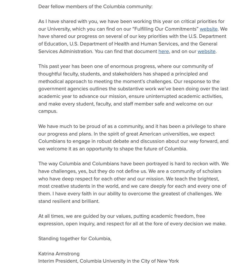 prem_thakker's tweet photo. Columbia President, as school meets Trump demands to violate academic freedom:
"…we are guided by our values, putting academic freedom, free expression, open inquiry, and respect for all at the fore of every decision we make."

"Standing together for Columbia,
Katrina Armstrong" https://t.co/PLp6HQLvhl