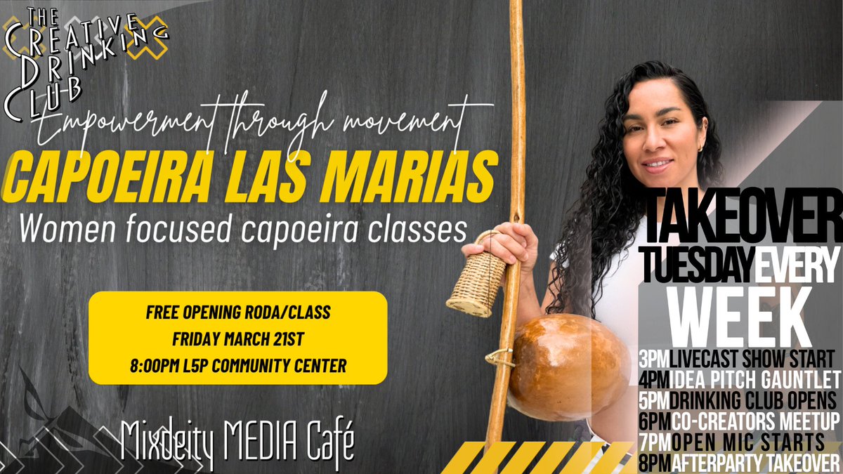 Mixdeity's tweet photo. Ladies, it's Friday and we need some empowerment tonight. You've still got time, join @CoralSinha  at MixDeity for Capoeira. It's more than a martial art—it is a living, breathing art form that blends movement, music, and storytelling.  🥋📷 #martialarts #capoeira #girlsthatfight https://t.co/Q69dnKERJI