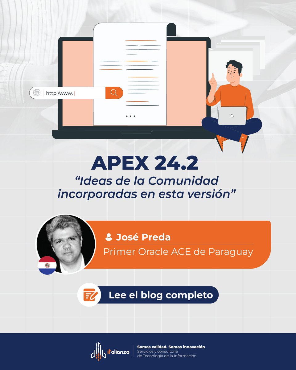 ITAlianzaPy's tweet photo. APEX 24.2 incorpora ideas de la comunidad, y José Preda, primer Oracle ACE de Paraguay, te cuenta todas las novedades en su nuevo blog 🚀

🔗 Descubre qué trae esta versión: https://t.co/Z3DfyicJ63 https://t.co/UBkUVIwb6S