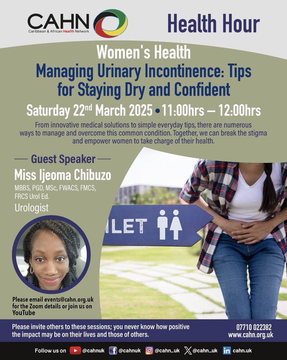 Ijeoma Chibuzo (@ijeoma_chibuzo) on Twitter photo As part of Women's Health month, let's talk about what we can do to keep our fellow ladies staying dry and confident, each day, every day!!
Join us for a community health hour on the 22nd of March, 2025
#healthhour <a href="/cahn_uk/">Caribbean & African Health Network</a> As part of Women's Health month, let's talk about what we can do to keep our fellow ladies staying dry and confident, each day, every day!!
Join us for a community health hour on the 22nd of March, 2025
#healthhour <a href="/cahn_uk/">Caribbean & African Health Network</a>