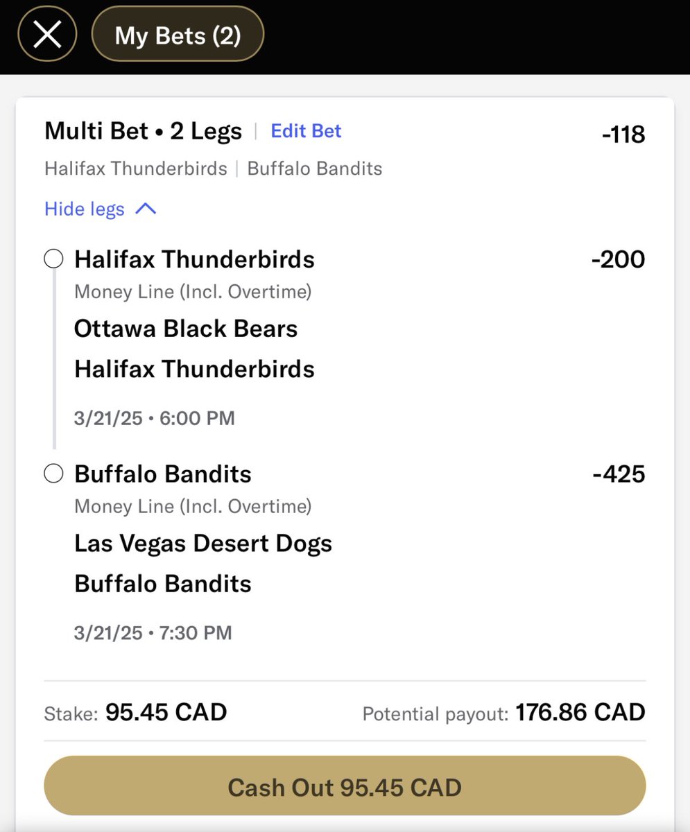 ElCapETainPicks's tweet image. 🚨🪜 $50.00-$1000.00 🪜 🚨 Step 2

Halifax Thunder Birds ML
+
Buffalo Bandits ML

Tonight!
6:00 Ottawa at Halifax 
7:30 Las Vegas at Buffalo 

Step 2 Let’s climb! 🫡

#gamblingcommunity #ladderbet #gamblingX #ladderchallenge #SportsBettingX #bet #wager #parlay