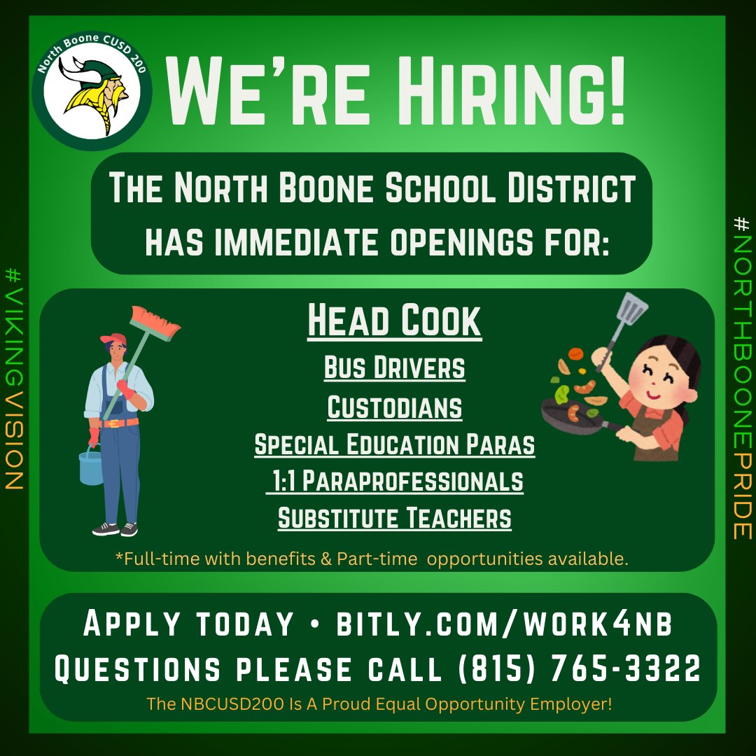 The North Boone Schools has immediate openings!  bit.ly/work4nb
Come join our winning team and make a difference in a students' life today!
