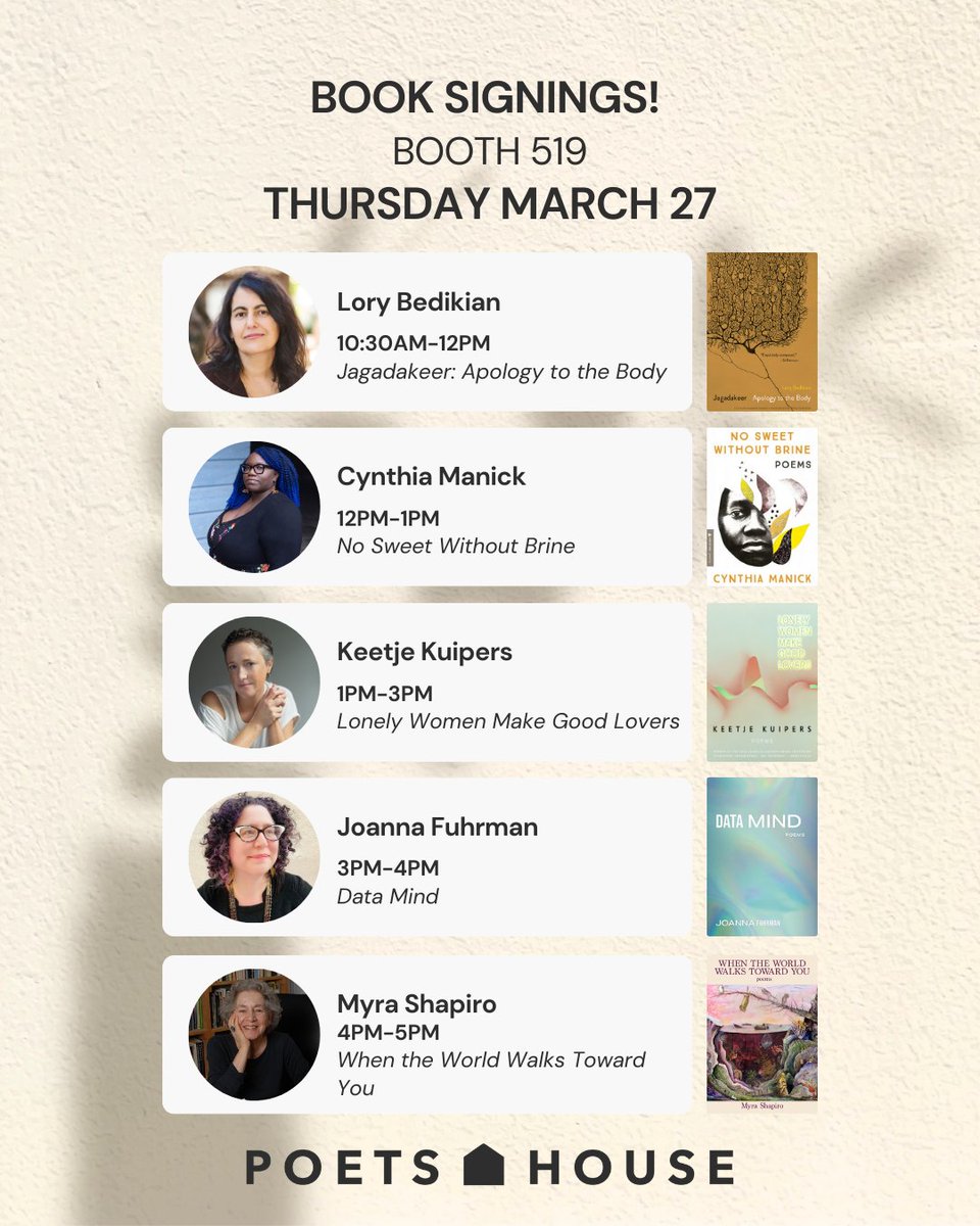 poetshouse's tweet image. Poets House is flying out west for a few days next week for the AWP conference in Los Angeles! Come chat with us at our Book Fair Booth 519, and get a book signed by one of our incredible featured poets!
We will STILL be open in NYC at our usual hours during the conference!