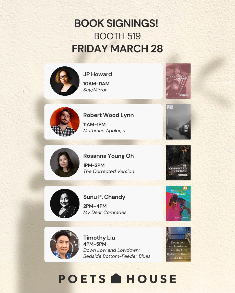 poetshouse's tweet image. Poets House is flying out west for a few days next week for the AWP conference in Los Angeles! Come chat with us at our Book Fair Booth 519, and get a book signed by one of our incredible featured poets!
We will STILL be open in NYC at our usual hours during the conference!