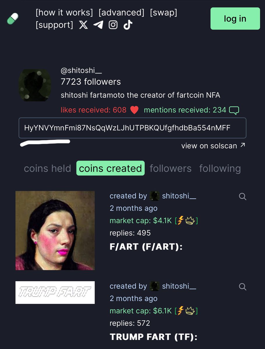 Guys, 

Today's pumped FSR nice x we caught. Shitoshi bought FartSwap yesterday. Time to pump again. The creator is the same wallet and shitoshi buys it in 4 seconds. Both wallets belong to him.

$Fart #FartSwap Buy Shitoshi Hodl.

9eLdx2PF41ucRbg3pgAaj4BrAQQk459vEw7ifqJ8pump
