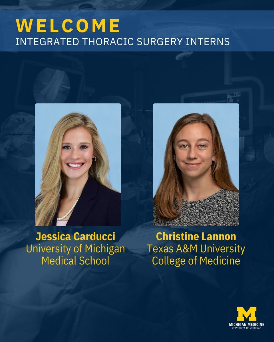 We’re thrilled to introduce our 2025 Thoracic Surgery intern cohort! Please give them all a warm welcome:

Jessica Carducci
Christine Lannon

Meet all of our interns: michmed.org/eQv7Z