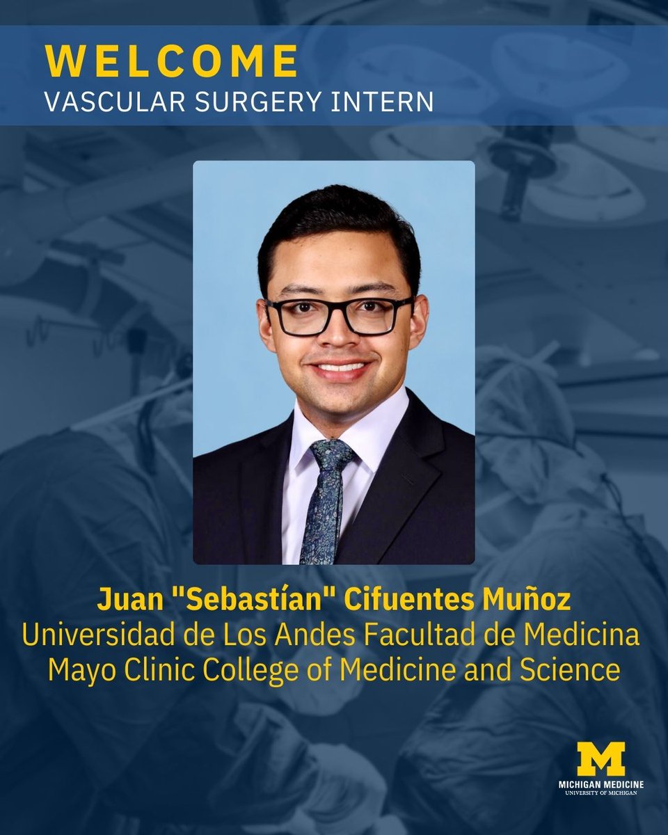 We’re thrilled to introduce our 2025 Vascular Surgery intern! Please give them a warm welcome:

Juan "Sebastían" Cifuentes Muñoz

Meet all of our interns: michmed.org/eQv7Z